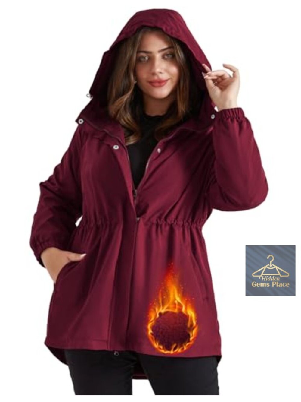 Plus Size Waterproof Fleece Lined Rain Jacket with Hood